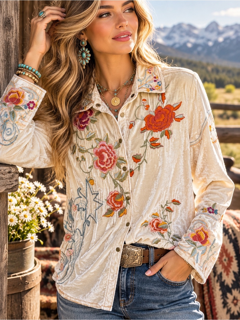 Johnny Was Embroidered Silk Velvet Button Down Shirt Ivory Small